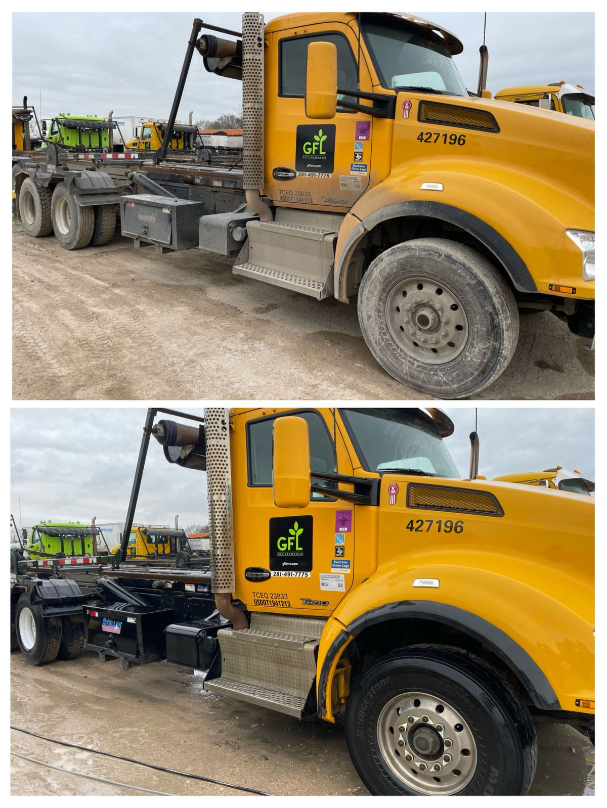 Before and after wash of a yellow roll-off truck
