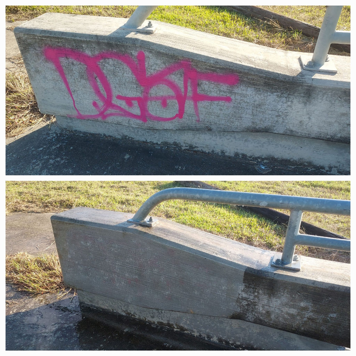 Before and after graffiti removal from a bridge wall
