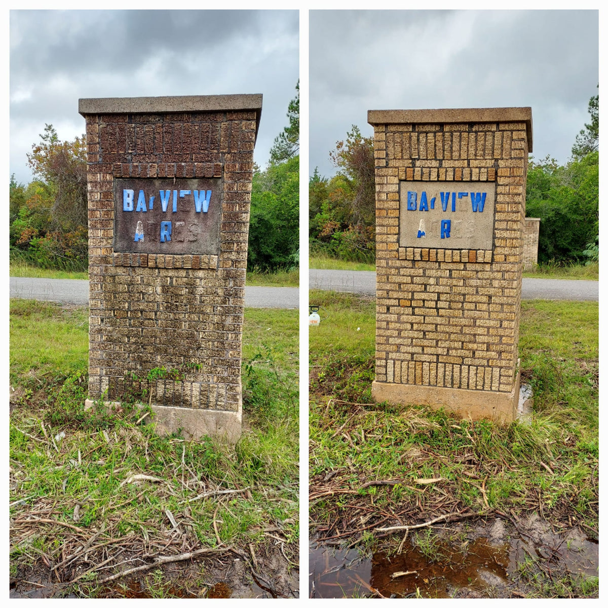 Before and after cleaning a brick neighborhood entrance sign