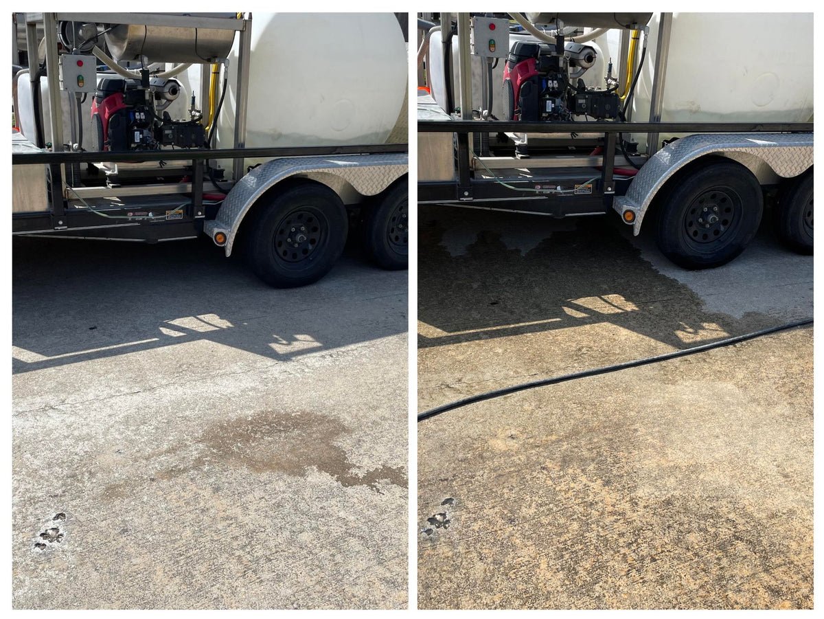 Before and after concrete cleaning with a mobile wash trailer