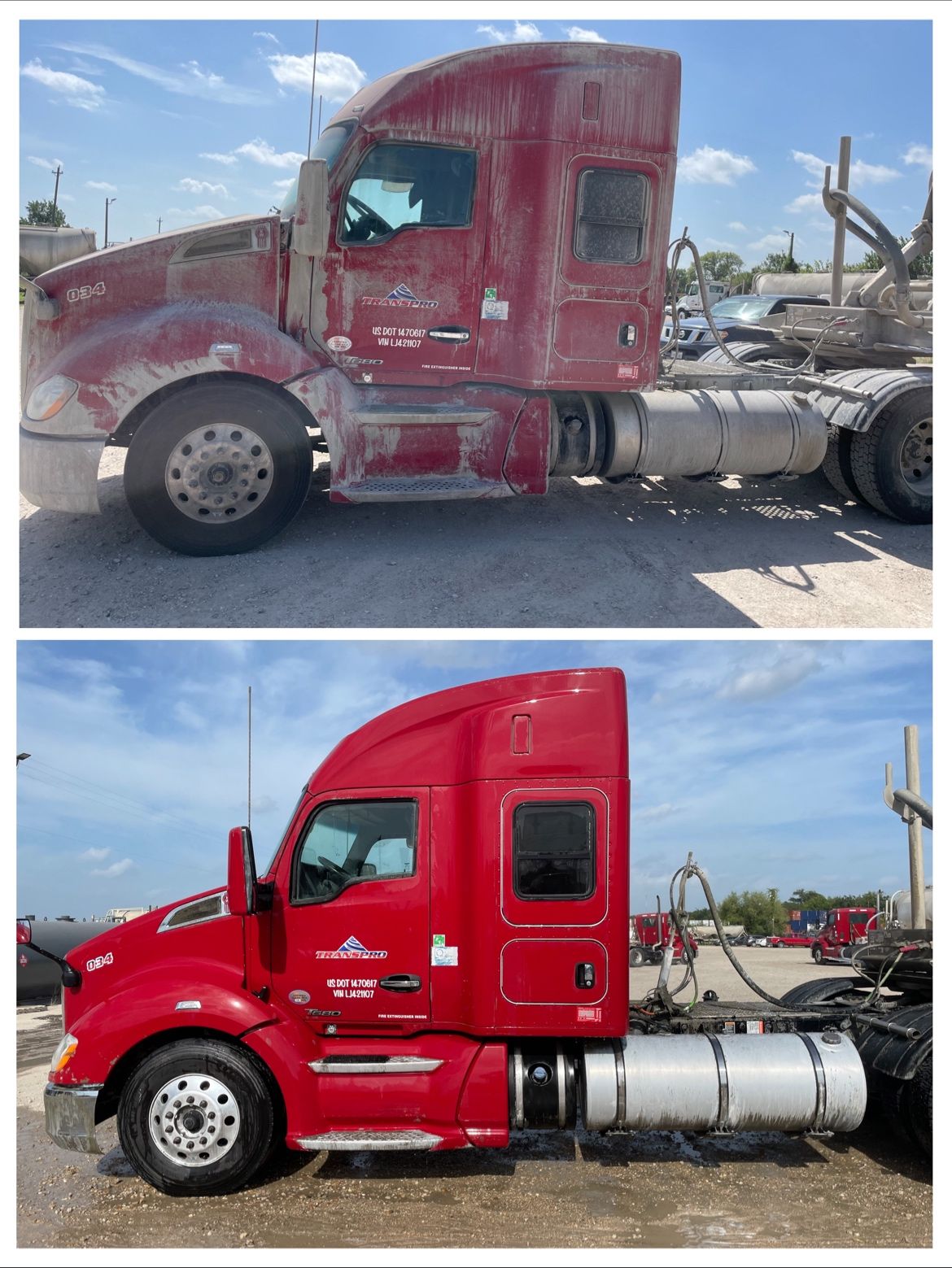 Before and after mobile fleet wash of a red semi tractor in Houston