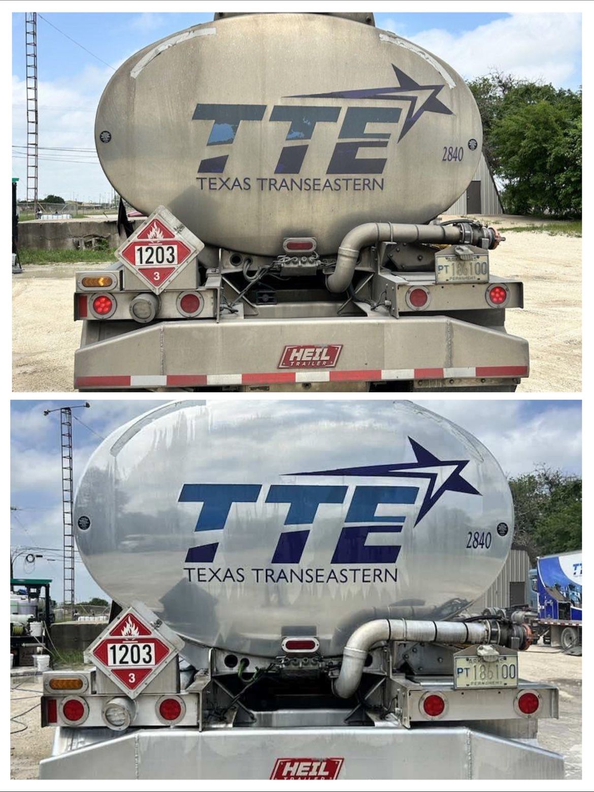 Before and after exterior wash of a fuel tanker trailer