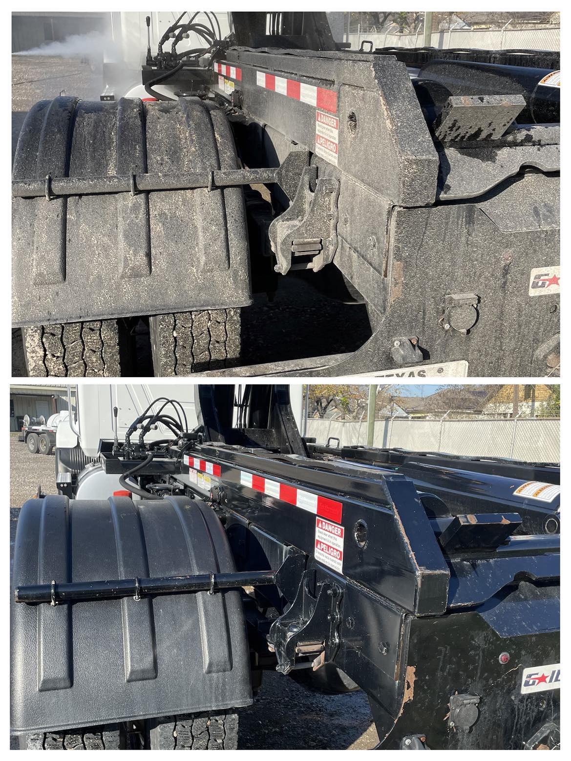 Before and after fleet wash of truck mud flaps and fenders