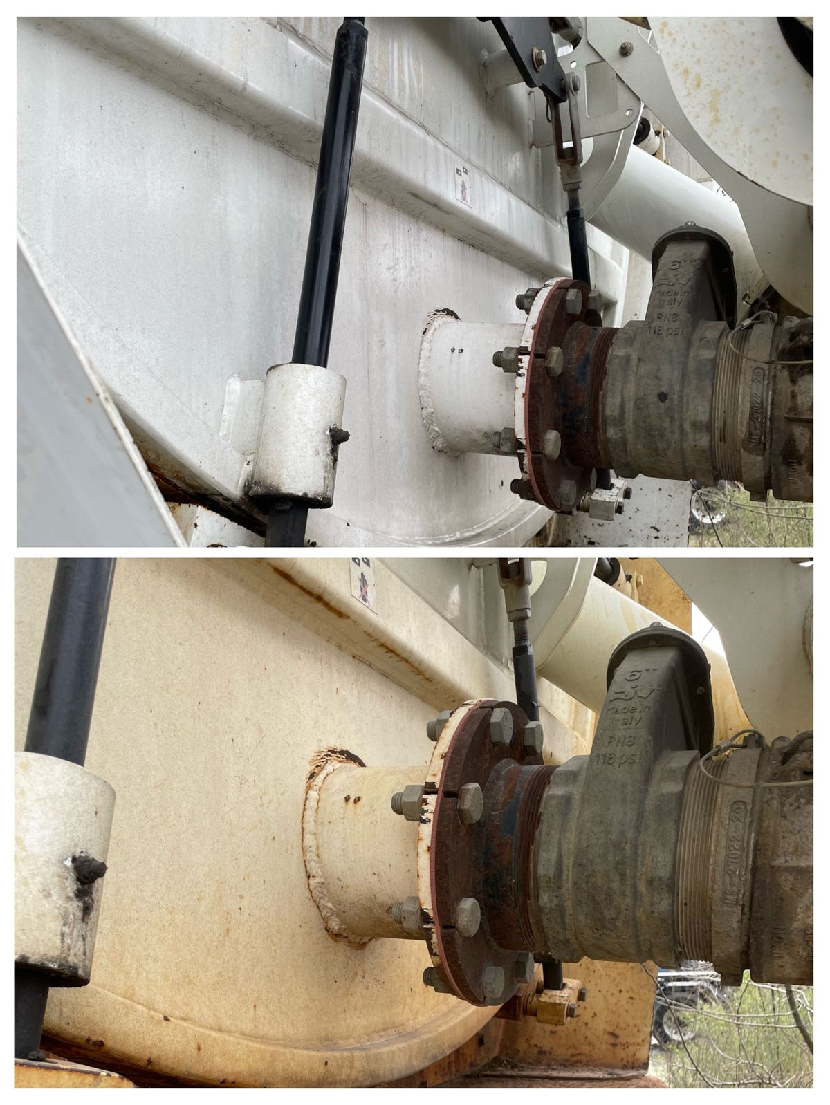 Before and after degreasing of a truck chassis